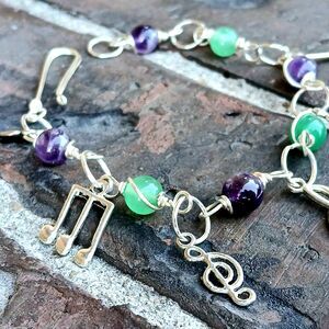 Gemstone Charm Bracelet, Music Teacher, Amethyst Aventurine 9.5"